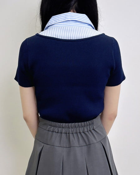 INGNI（イング） アソート柄シャツドッキング半袖リブニット ｺﾝ/ﾌﾞﾙｰｽﾄﾗｲﾌﾟ