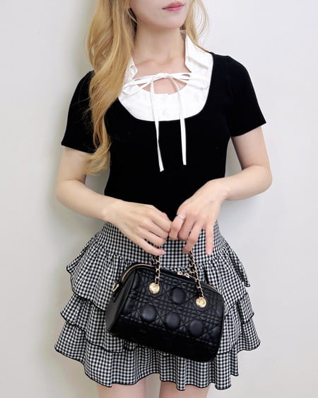 INGNI(イング) アソート柄シャツドッキング半袖リブニット クロ/オフホワイト