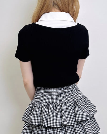 INGNI(イング) アソート柄シャツドッキング半袖リブニット クロ/オフホワイト
