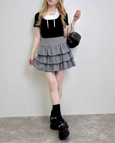 INGNI(イング) アソート柄シャツドッキング半袖リブニット クロ/オフホワイト