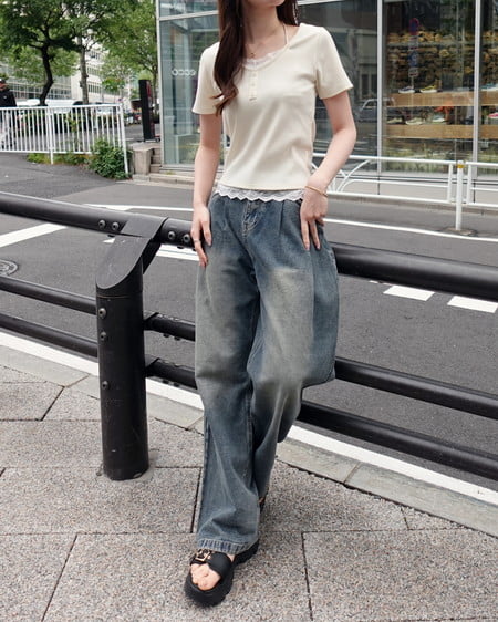 INGNI（イング） レースレイヤードヘンリーネックトップス ｱｲﾎﾞﾘｰ