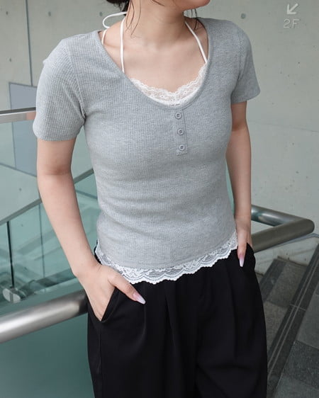 INGNI（イング） レースレイヤードヘンリーネックトップス ｸﾞﾚｰ