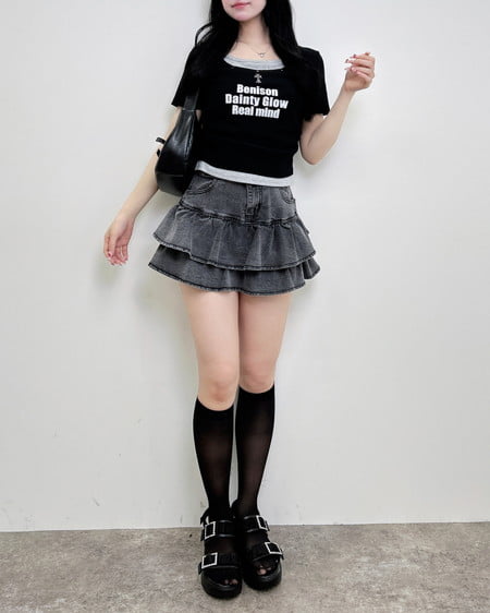 INGNI(イング) ベルト付デニムフリルミニスカパン グレー