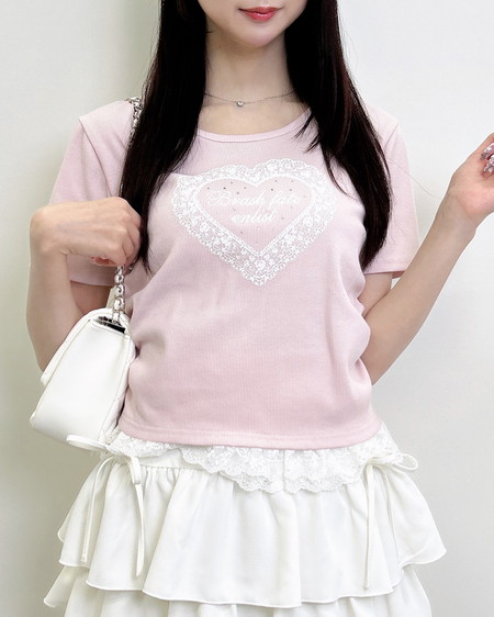 レースハートロゴ裾レース出しリブトップス