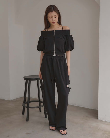 INGNI（イング） レースレイヤードサイドカットスウェットパンツ ｸﾛ
