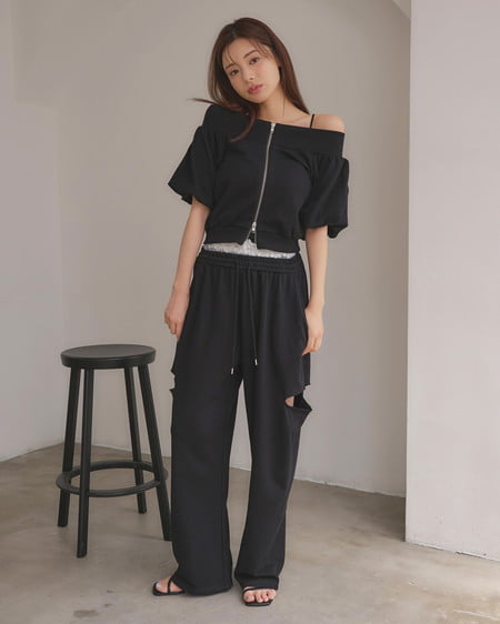 INGNI（イング） レースレイヤードサイドカットスウェットパンツ ｸﾛ