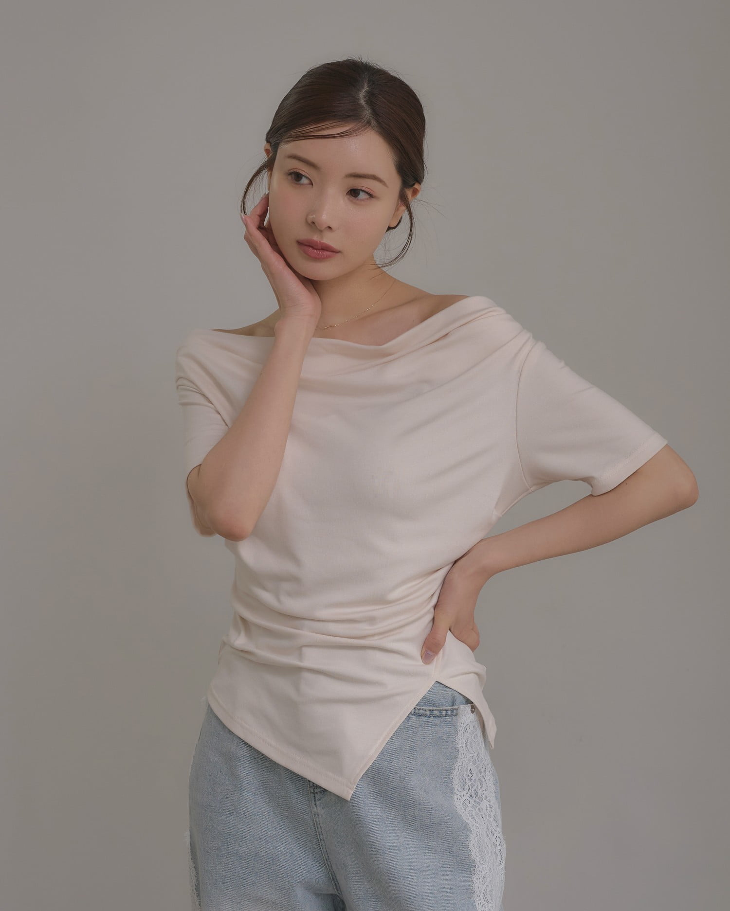 アシメドレープ半袖トップス