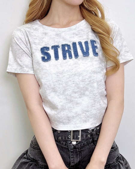 【5／7 2時までの限定価格】ムラ染めデニムロゴサイドギャザーTシャツ