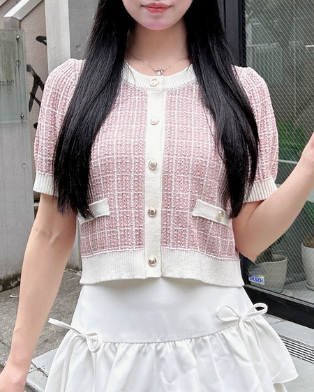 【WEB限定】ツイードバイカラー半袖ニットカーディガン