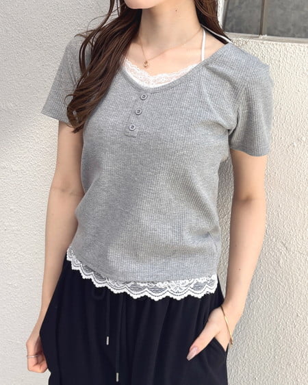 INGNI（イング） レースレイヤードヘンリーネックトップス ｸﾞﾚｰ