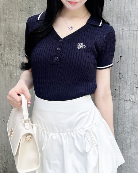INGNI（イング） ケーブル柄ヘンリースキッパー半袖ニット ｺﾝ/ｵﾌﾎﾜｲﾄ