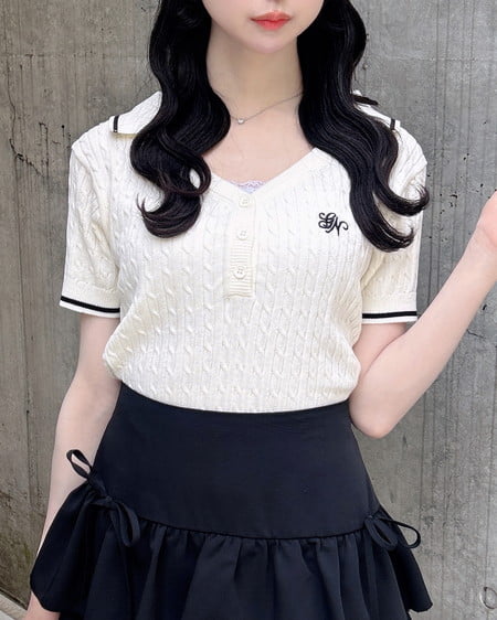 INGNI(イング) ケーブル柄ヘンリースキッパー半袖ニット オフホワイト/クロ