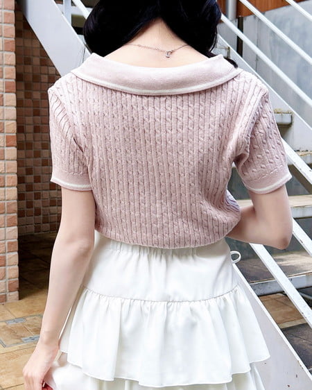 INGNI(イング) ケーブル柄ヘンリースキッパー半袖ニット ピンク/オフホワイト