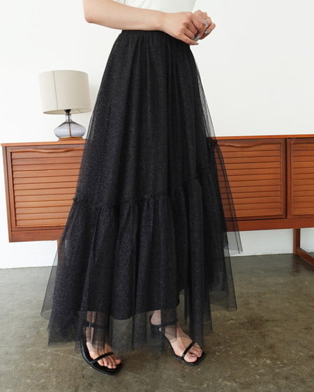 INGNI（イング） ラメチュールフレアスカート ｸﾛ