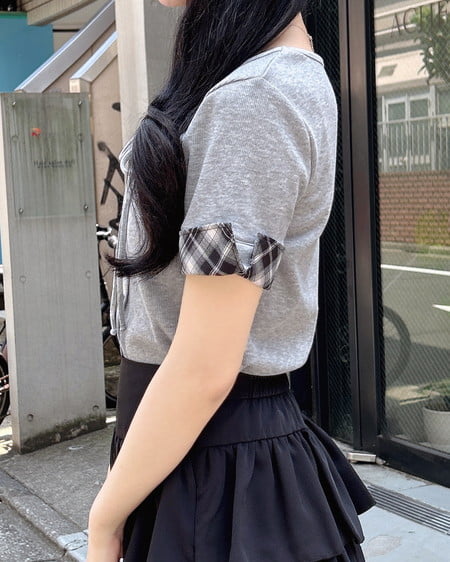 INGNI(イング) チェックレイヤード風リブトップス グレー
