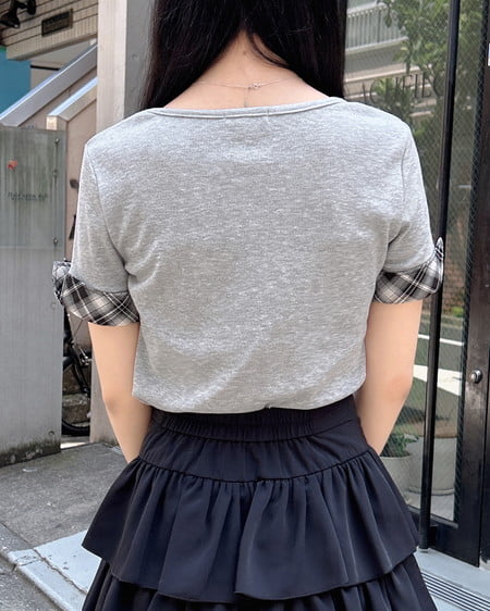 INGNI(イング) チェックレイヤード風リブトップス グレー