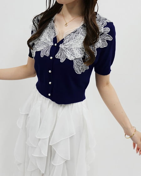 【SOELA】【6／1 24時までの限定価格】レースカラー半袖ニット