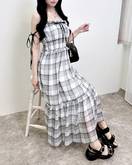INGNI(イング) 配色リボンティアードロングワンピース オフチェック/クロ