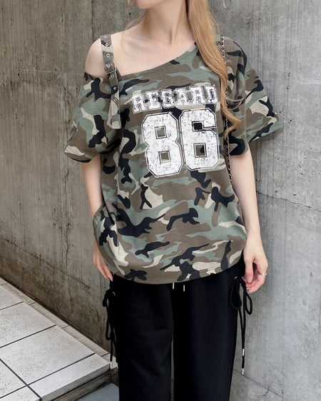 肩ベルト付ワンショルナンバリングTシャツ