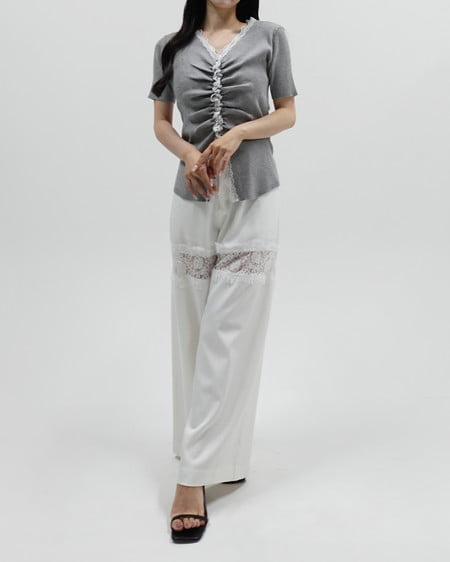 INGNI(イング) レースドッキングギャザー半袖ニットカーディガン グレー