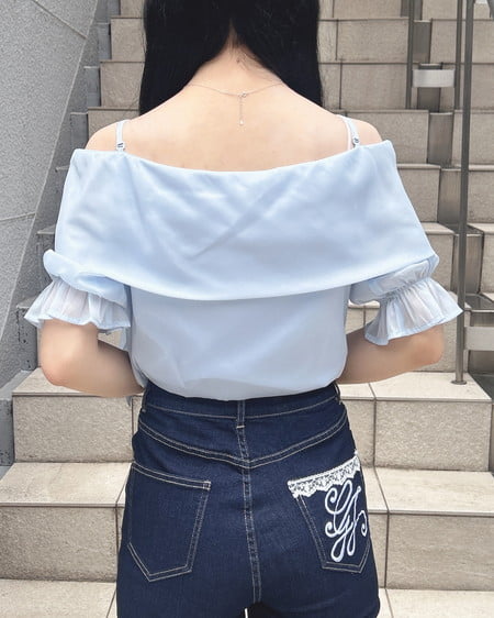 INGNI(イング) シアーオフショルリボン半袖ブラウス サックス