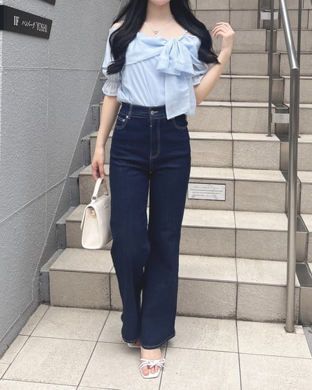 INGNI(イング) ポケット刺繍フレアデニムパンツ インディゴ
