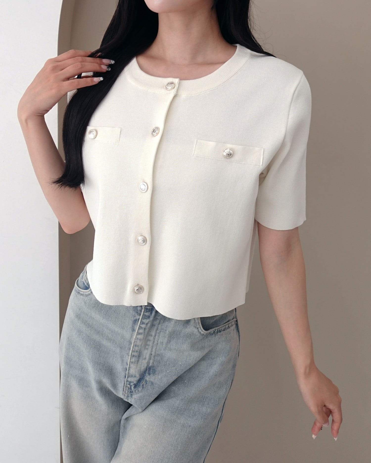 SOELA】【7／13 24時までの限定価格】金ボタンミラノリブ半袖ニット