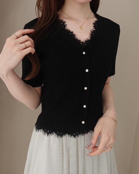 【SOELA】【6／15 24時までの限定価格】レースリブ半袖ニットカーディガン