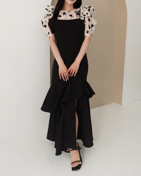 INGNI(イング) バックレースアップアシメスリットキャミワンピース クロ