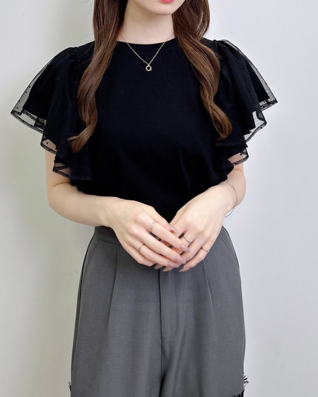 【SOELA】ドットチュールフリルTシャツ