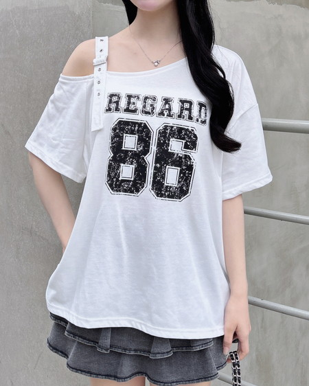 【6／17 2時までの限定価格】肩ベルト付ワンショルナンバリングTシャツ
