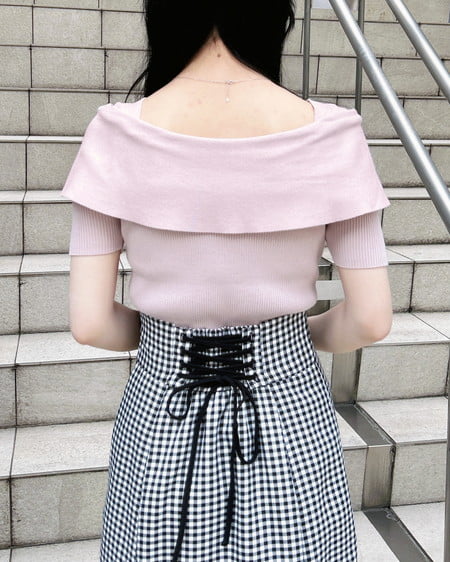 INGNI(イング) リボンオフショル半袖ニット ピンクベージュ