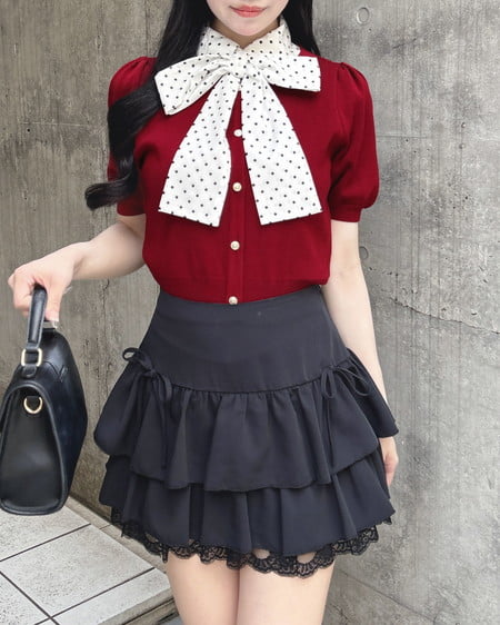 INGNI(イング) ボウタイドッキング半袖ニット ボルドー/ドット