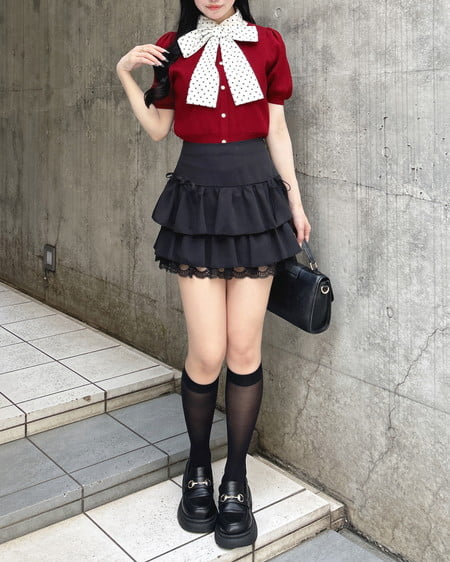INGNI(イング) ボウタイドッキング半袖ニット ボルドー/ドット
