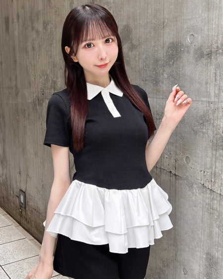 切替ペプラム襟配色ポロトップス