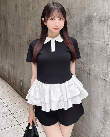 INGNI(イング) 切替ペプラム襟配色ポロトップス クロ