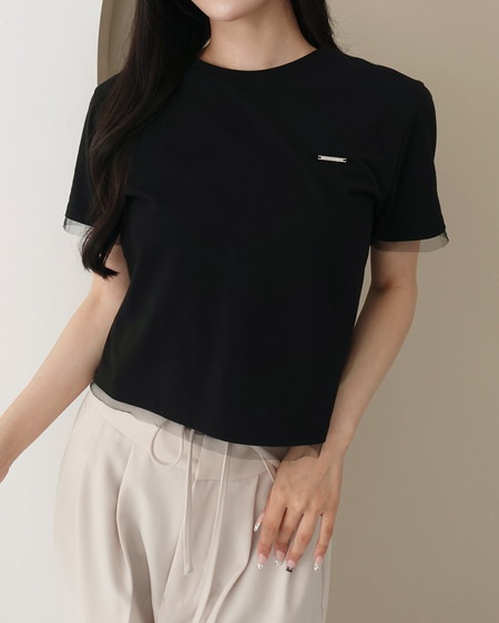 【SOELA】プレート付チュールドッキングコンパクトTシャツ