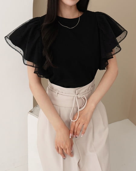 【SOELA】ドットチュールフリルTシャツ