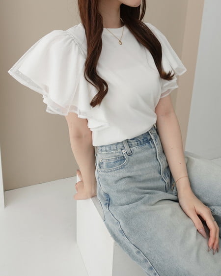 INGNI（イング） ドットチュールフリルTシャツ ｵﾌﾎﾜｲﾄ