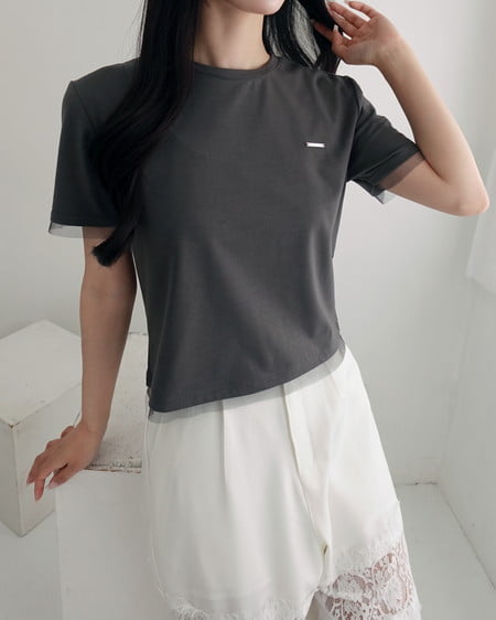 INGNI（イング） プレート付チュールドッキングコンパクトTシャツ ﾁｬｺｰﾙｸﾞﾚｰ