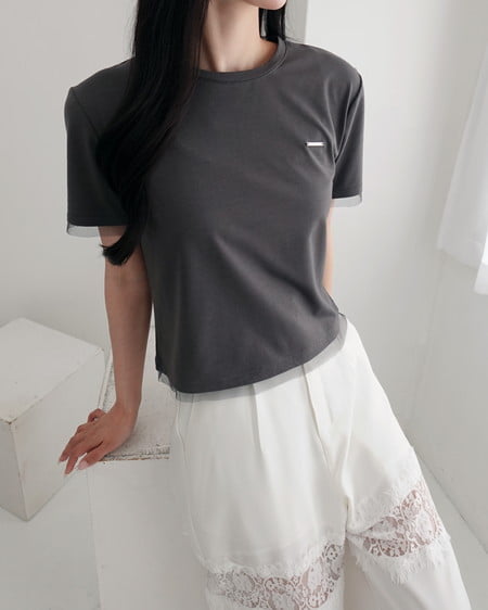INGNI（イング） プレート付チュールドッキングコンパクトTシャツ ﾁｬｺｰﾙｸﾞﾚｰ