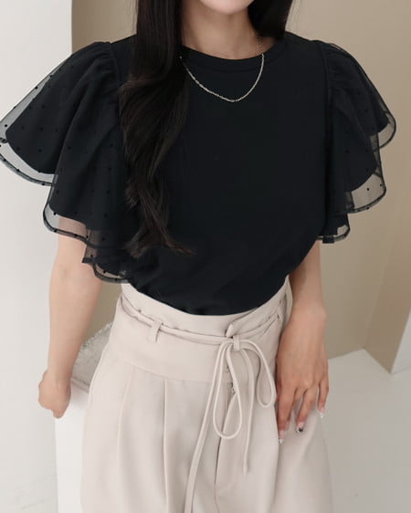 INGNI(イング) ドットチュールフリルTシャツ クロ