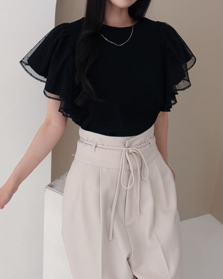 INGNI(イング) ドットチュールフリルTシャツ クロ
