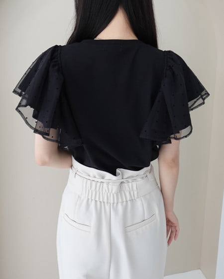 INGNI(イング) ドットチュールフリルTシャツ クロ