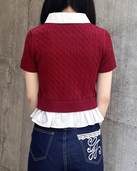INGNI(イング) ケーブル柄裾シャツ半袖ニット ボルドー/オフホワイト