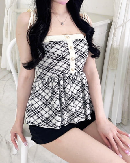 INGNI（イング） チェック柄肩リボンペプラムニット ｵﾌﾎﾜｲﾄ/ｸﾛ
