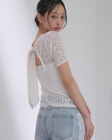 【SOELA】【7／6 24時までの限定価格】バックリボンオープンレースTシャツ