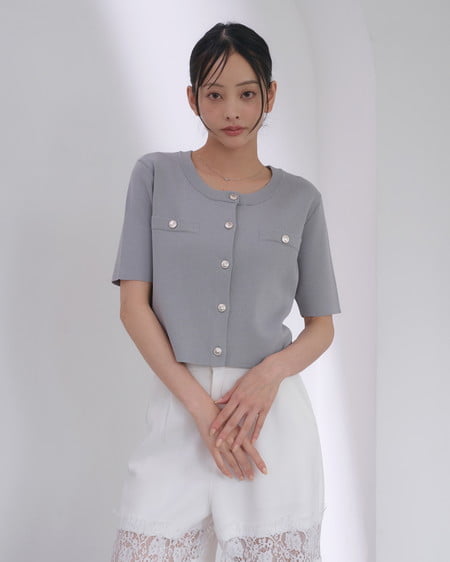 【SOELA】【7／6 24時までの限定価格】金ボタンミラノリブ半袖ニットカーディガン