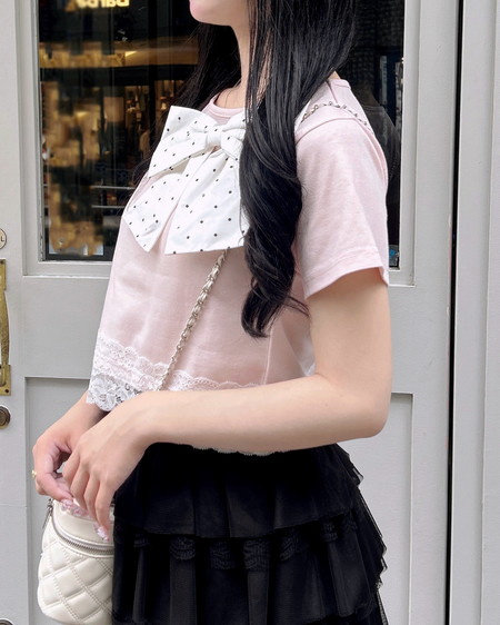 INGNI(イング) リボン付き裾レースTシャツ ライトピンク
