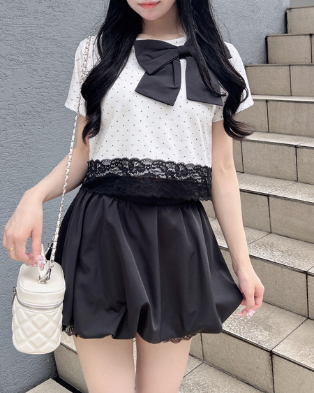 INGNI(イング) リボン付き裾レースTシャツ オフクロ/ドット